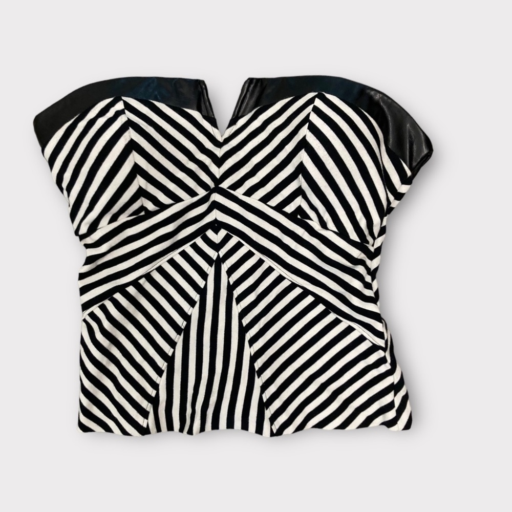 Bebe Strapless Black & Egret Top w/Faux Leather Trim
